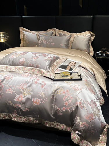 Luxury Gold Floral Embroidered Cotton Sateen Jacquard 1000TC Bedding Set